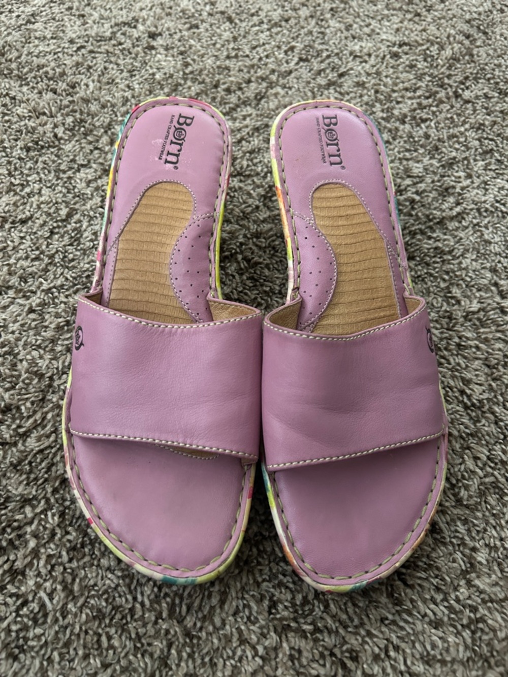 Born Lilac Leather Slide Sandals with Floral  Trim
